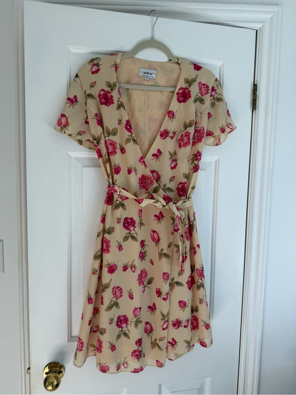 Beige Floral Wrap Mini Dress with Pink Rose Print